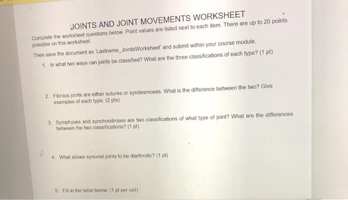 Joint and movement worksheet answers