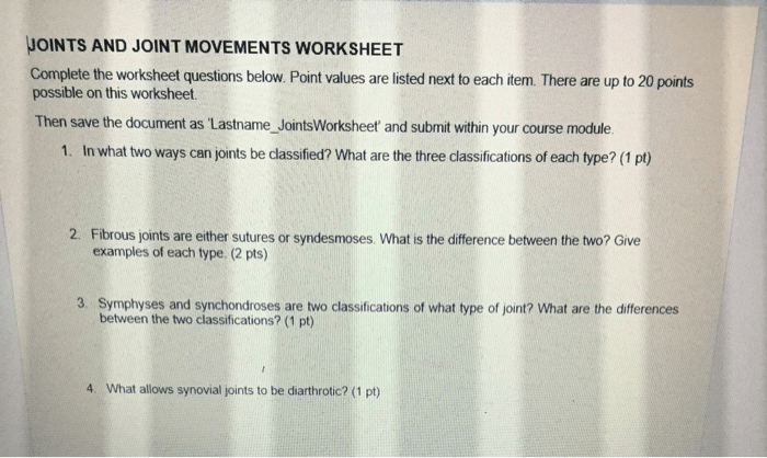 Joint and movement worksheet answers